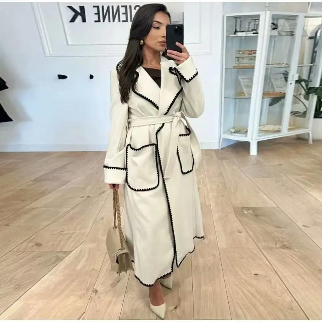

Women's plus Size Long Woolen Overcoat Spring Autumn European American Style Casual Color Matched Coat with Belt