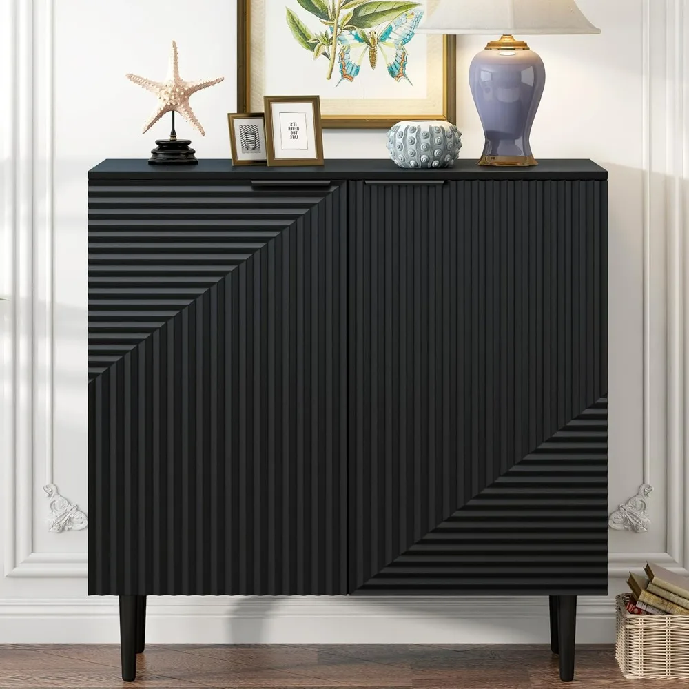 خزانة جانبية للتخزين مع أرفف قابلة للتعديل ونمط باب هندسي، وطاولة وحدة تحكم أرضية خشبية لغرف المعيشة