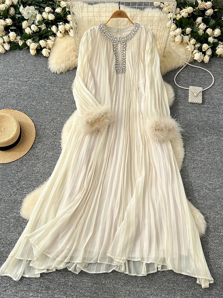 EWQ Elegant Long Dress Women Diamonds Spliced Collar Feather Sleeves Solid Color A-line Dresses Fashion 2024 New 27X1630