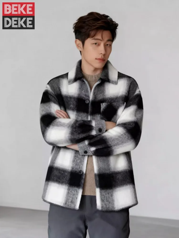 

Male Work Autumn Winter Warm Grid Casual Long Sleeves Coat Single Breasted Double Sided Turn Down Collar Jacket Loose Fit Mens