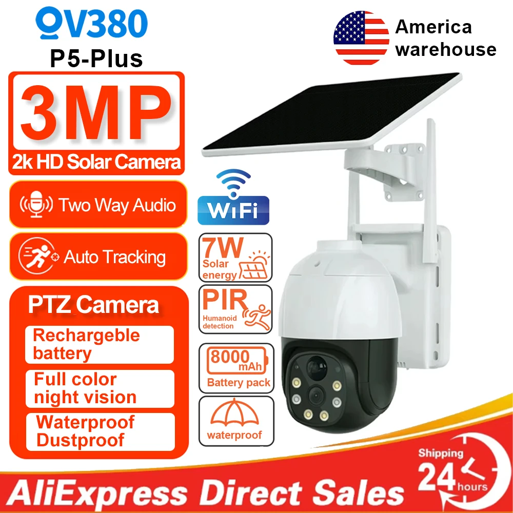

V380 8MP Outdoor PTZ Solar Power IP WiFi Camera IP65 Waterproof 8000mAh Built-in Battery wirelss Surveillance PIR Human Detectio