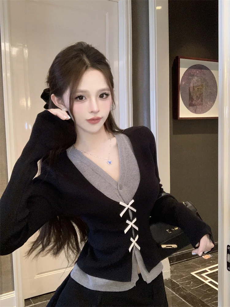 

Корейский модный женский вязаный свитер, искусственный лоскутный трикотаж из двух предметов, осень-зима, тонкие пуловеры с длинными рукавами, топы