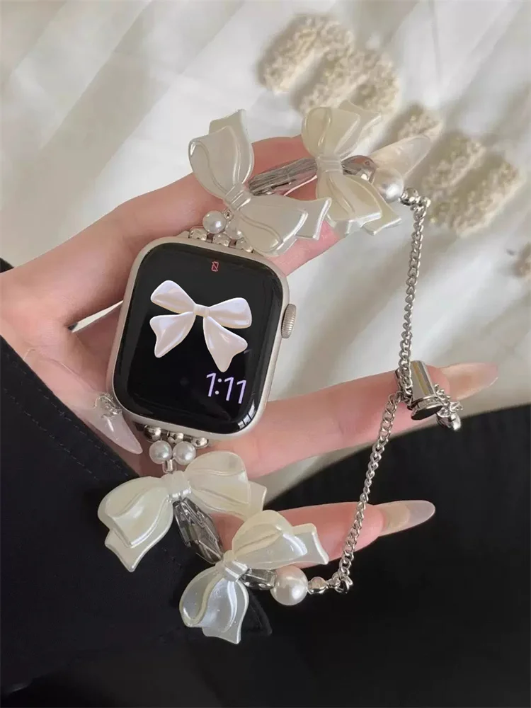 Милый корейский браслет с бантом для Apple Watch Band Ultra2 49 мм 45 44 41 42 38, регулируемый ремешок Correa для часов серии 9 8 7 SE 6