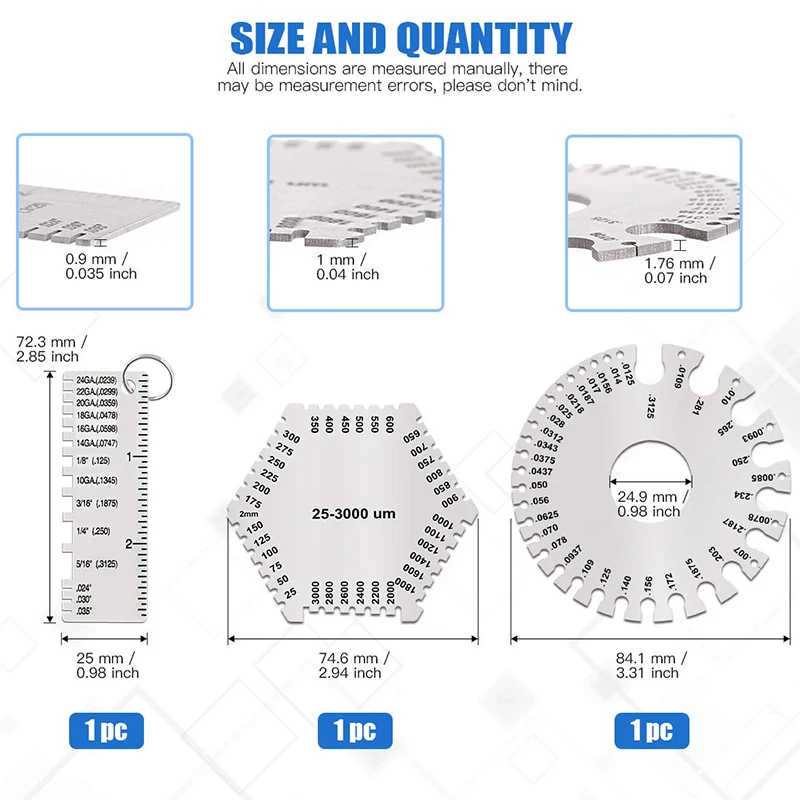 HOT-3 Pcs Stainless Steel Welding Gauge Set Wet Film Comb Wire Metal Sheet Thickness Gauge Round Dual-Sided Wire