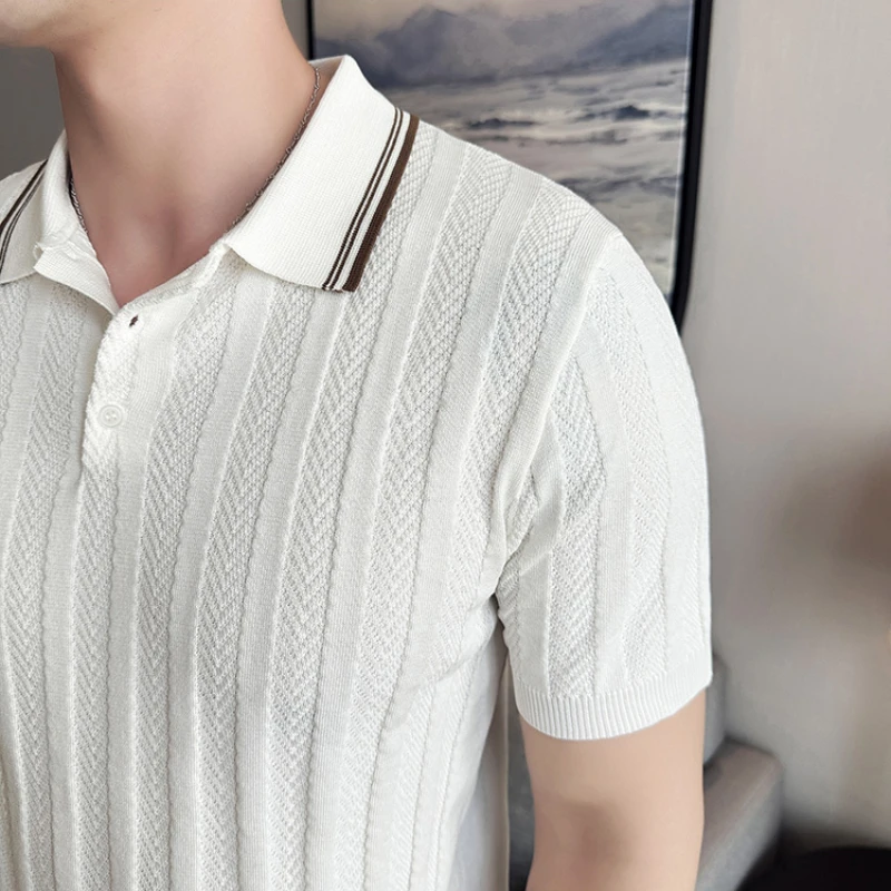 Men\'s Business Casual Polo Shirt, Ice Silk Striped Collar Top, High-quality Short-sleeved T-shirt for Spring and Summer 2024.