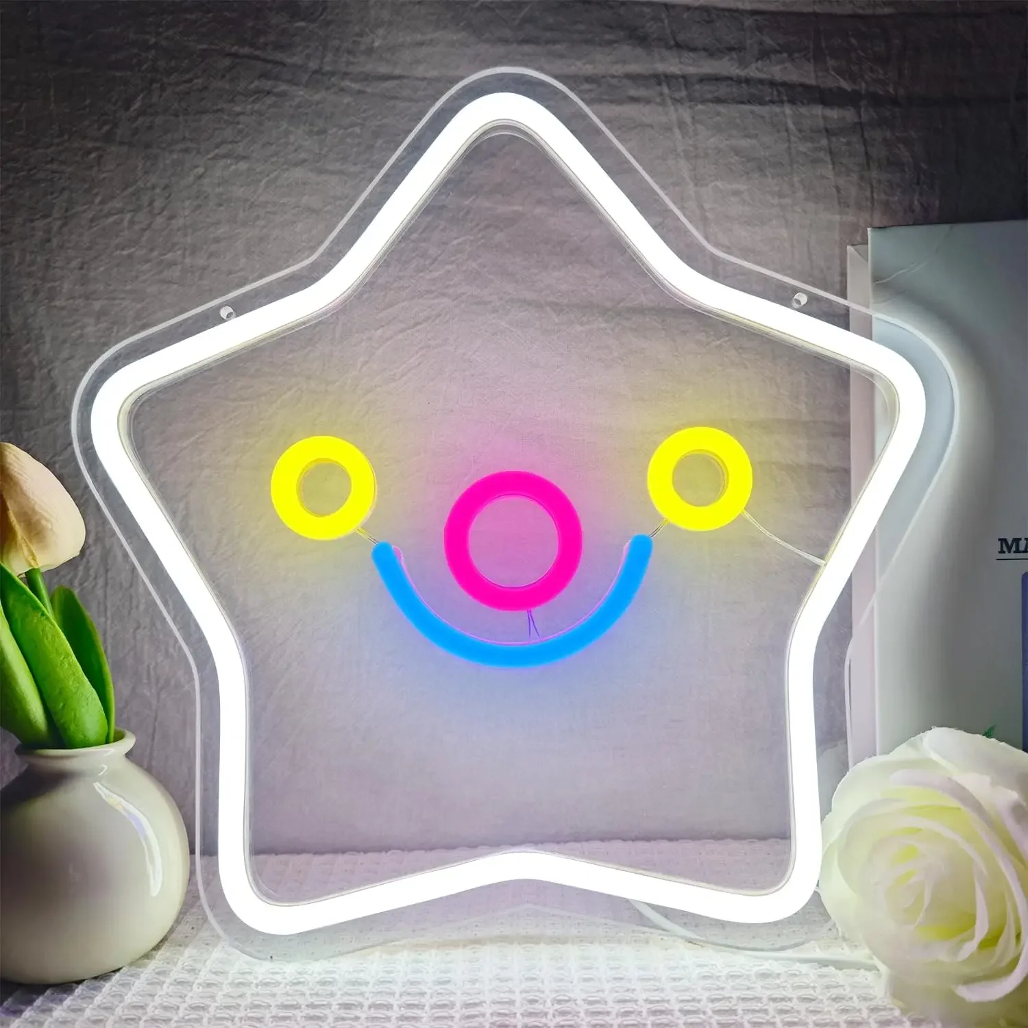 Star Smile Neon Sign Yellow Balloons Pink Blue LED Wall Art Acrylic USB Dimmable Hanging Light Cute Decor for Kids Room
