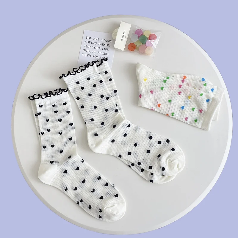 Chaussettes à pois multicolores pour femmes, fines, creuses, respirantes, blanches, douces, à volants, de haute qualité, 5 paires