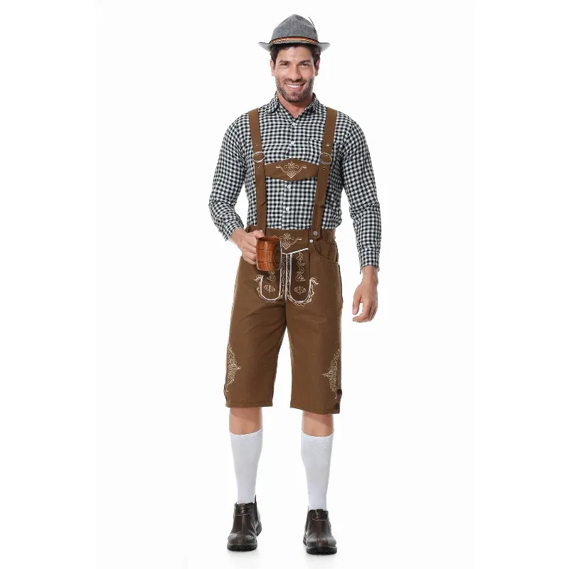 Men German Oktoberfest Lederhosen Costume Bavarian Beer Male Outfit Rompers Shirt Hat Set Cosplay Carnival Halloween Party Dress - view 2