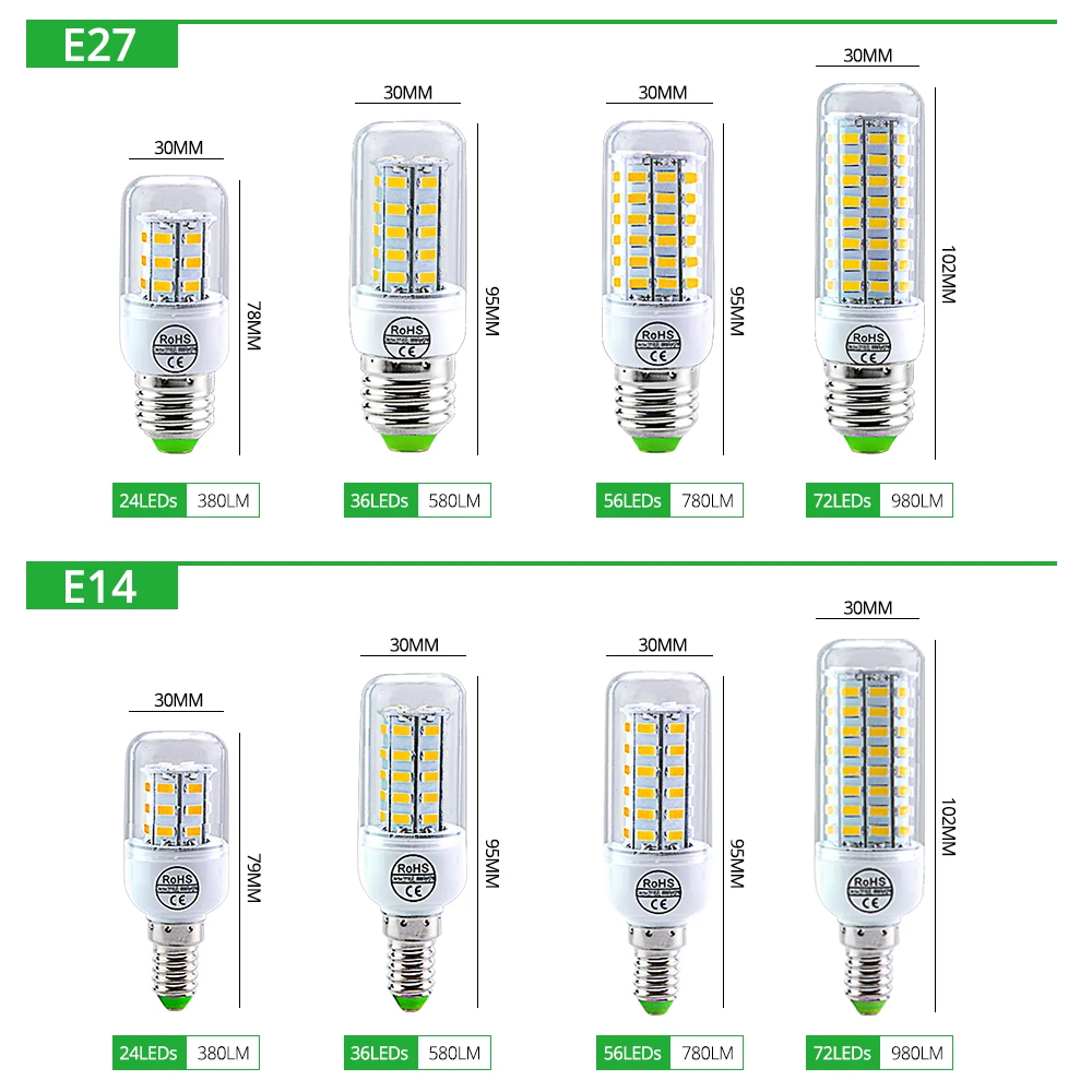 AC 220V E27 E14 LED Corn Bulb 24 36 56 72 LEDs 5730SMD Lampada LED Lamp Bombilla Household Chandelier Replacement Spotlight