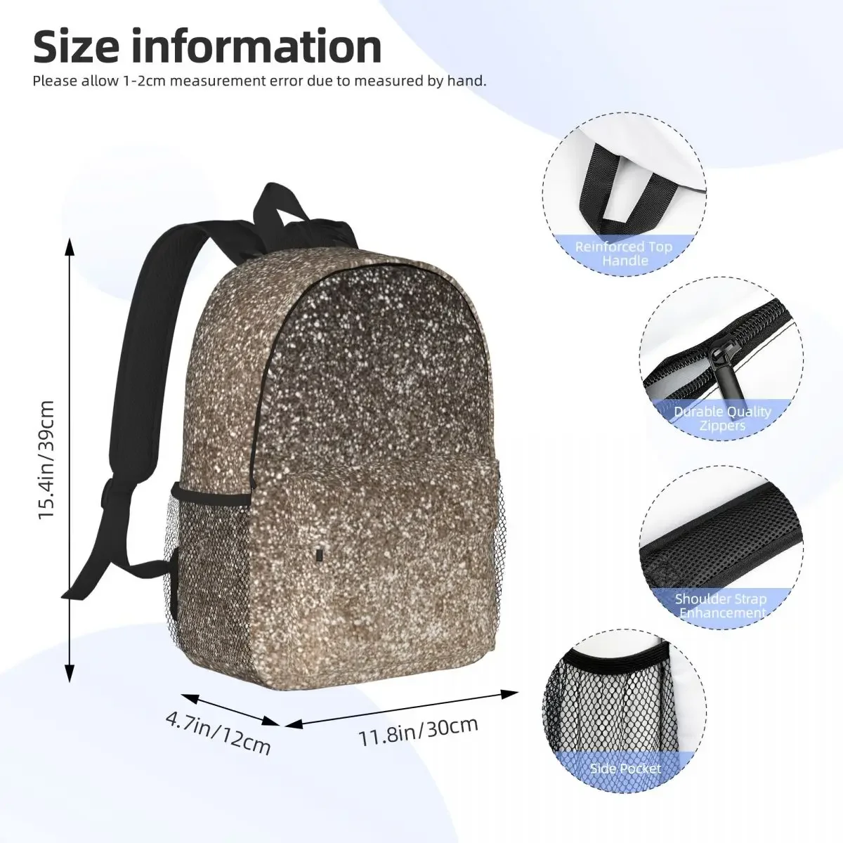 Black And Beige Gradient Sparkle Pink Glitter Backpacks Boys Girls Bookbag Fashion School Bags Laptop Rucksack Shoulder Bag