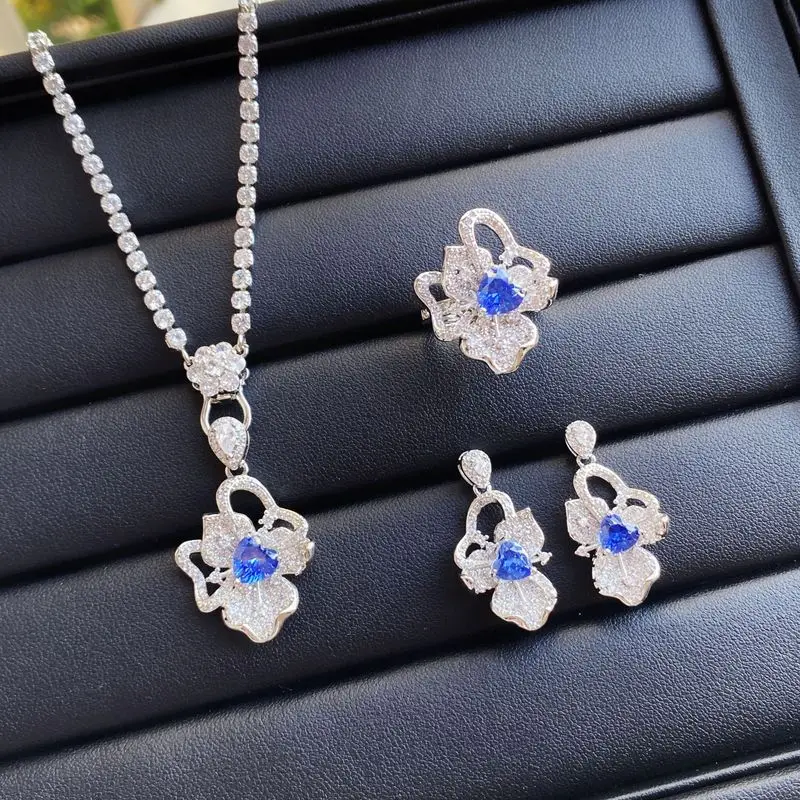 Retro Sri Lankan Blue Double-Flower Gemstone Zirconia Ring, Necklace, Earrings Set - Ladies' Style - 925 Silver - Party Jewelry