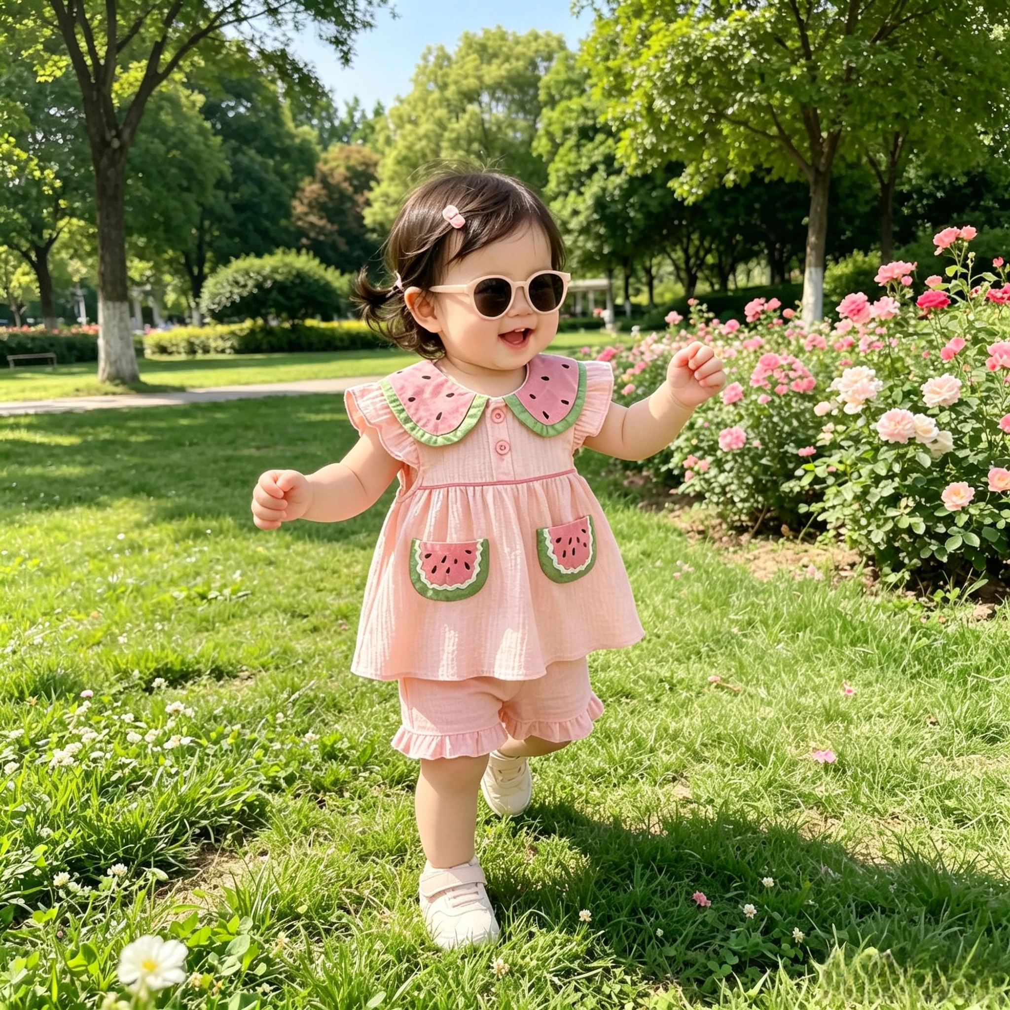 Dorable Watermelon Print Baby Girl Summer Set Ruffle Sleeveless Top & Ruffled Shorts Breathable Daily Vacation Outfit