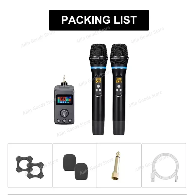 UHF Dual Wireless Dynamic Karaoke Microphone System Anti-Howling Rechargeable Receiver Plug Play Microphone Set Built-in Lithium