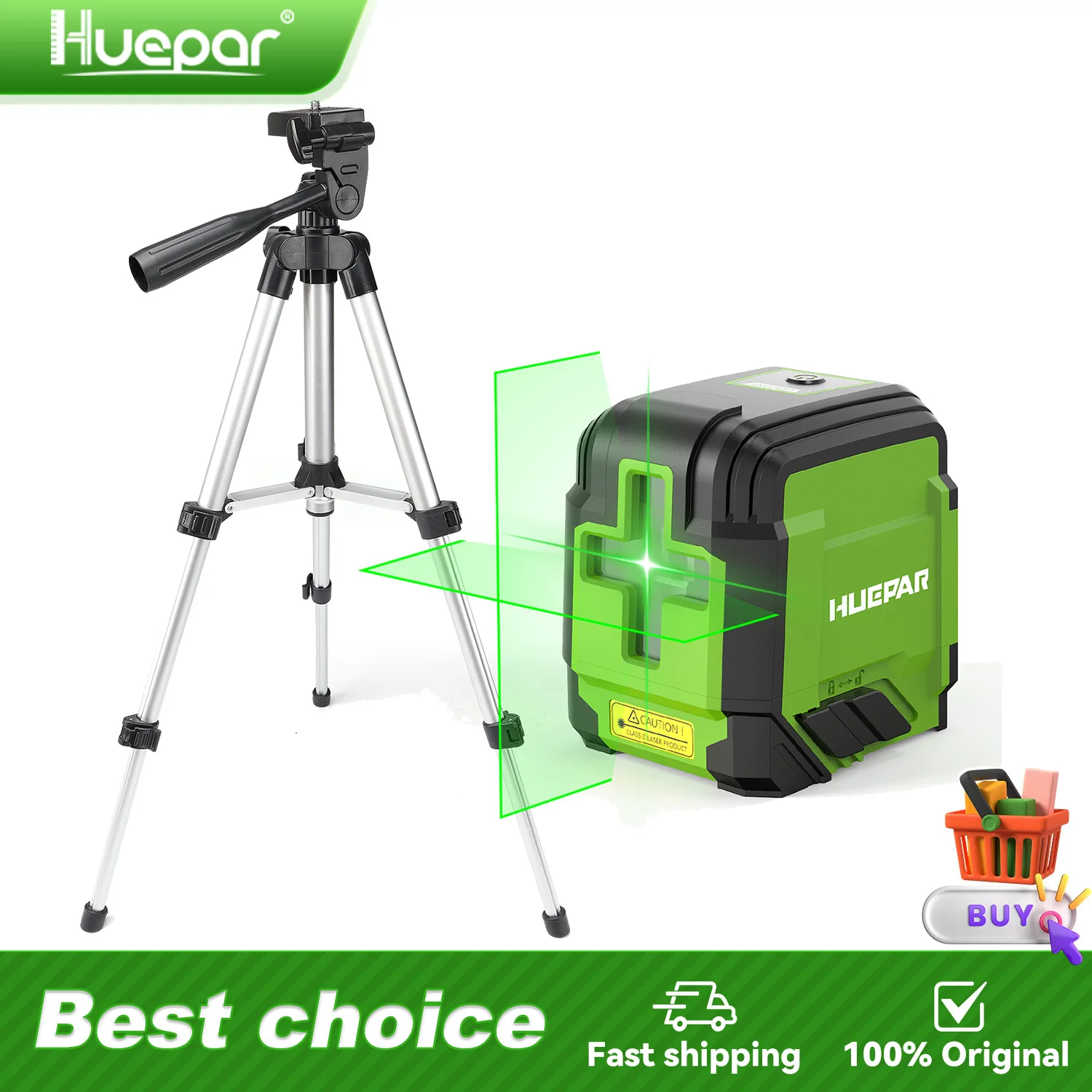 Huepar GK011DGTP Cross Line Laser Level with Tripod Green Osram Diode Self Leveling Horizontal & Vertical Laser Leveling Tools