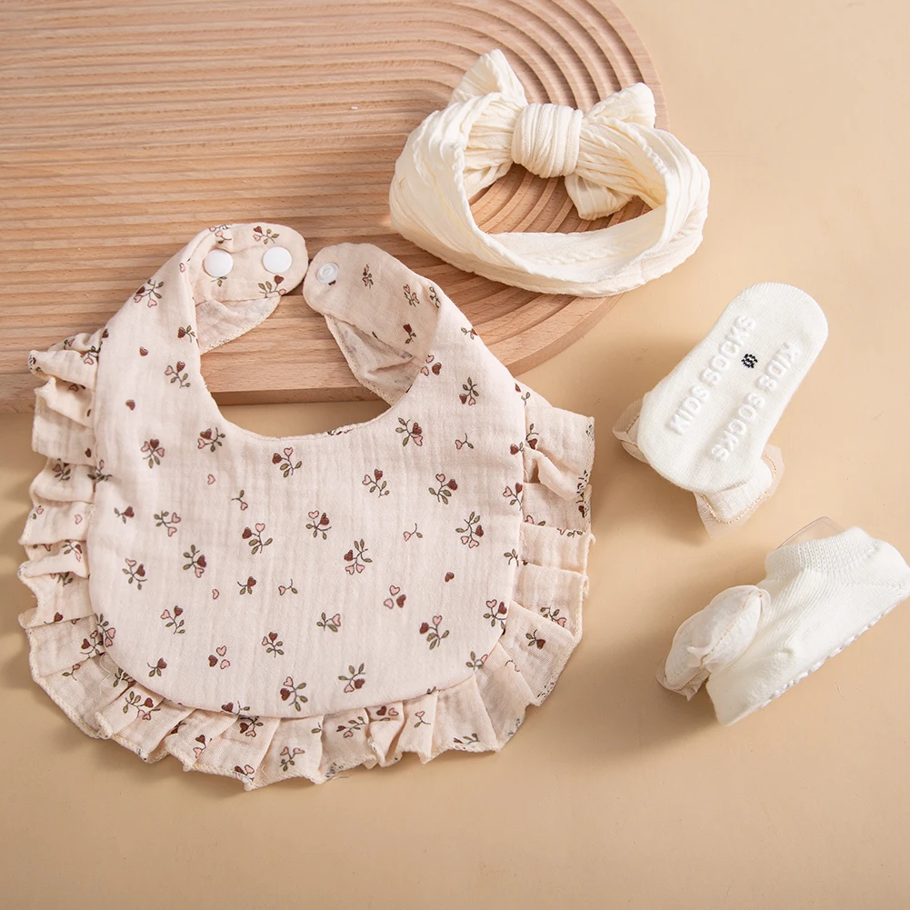 4Pcs/Set Bows Knotted Baby Girls 0-12 Months Short Socks Solid Color Stretch Headbands Ruffled Heart Flower Bibs Saliva Towel