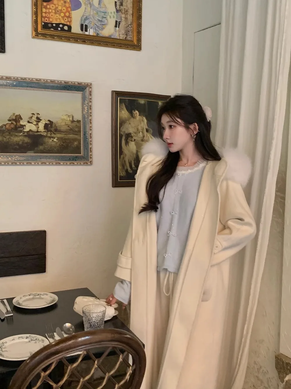 

Шерстяное пальто NMIOK в стиле ретро, двустороннее, с пуговицами из рога, средней длины, женское, осенне-зимнее, новая модель, верхняя одежда с накидкой