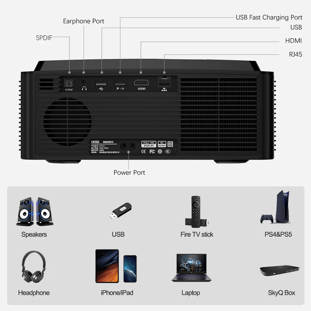 DESS Projector 4k Auto Focus Voice Control Home Theater Video Android  Full Hd Native 1080p BT5.0 Wifi6 Outdoor Led Projectors