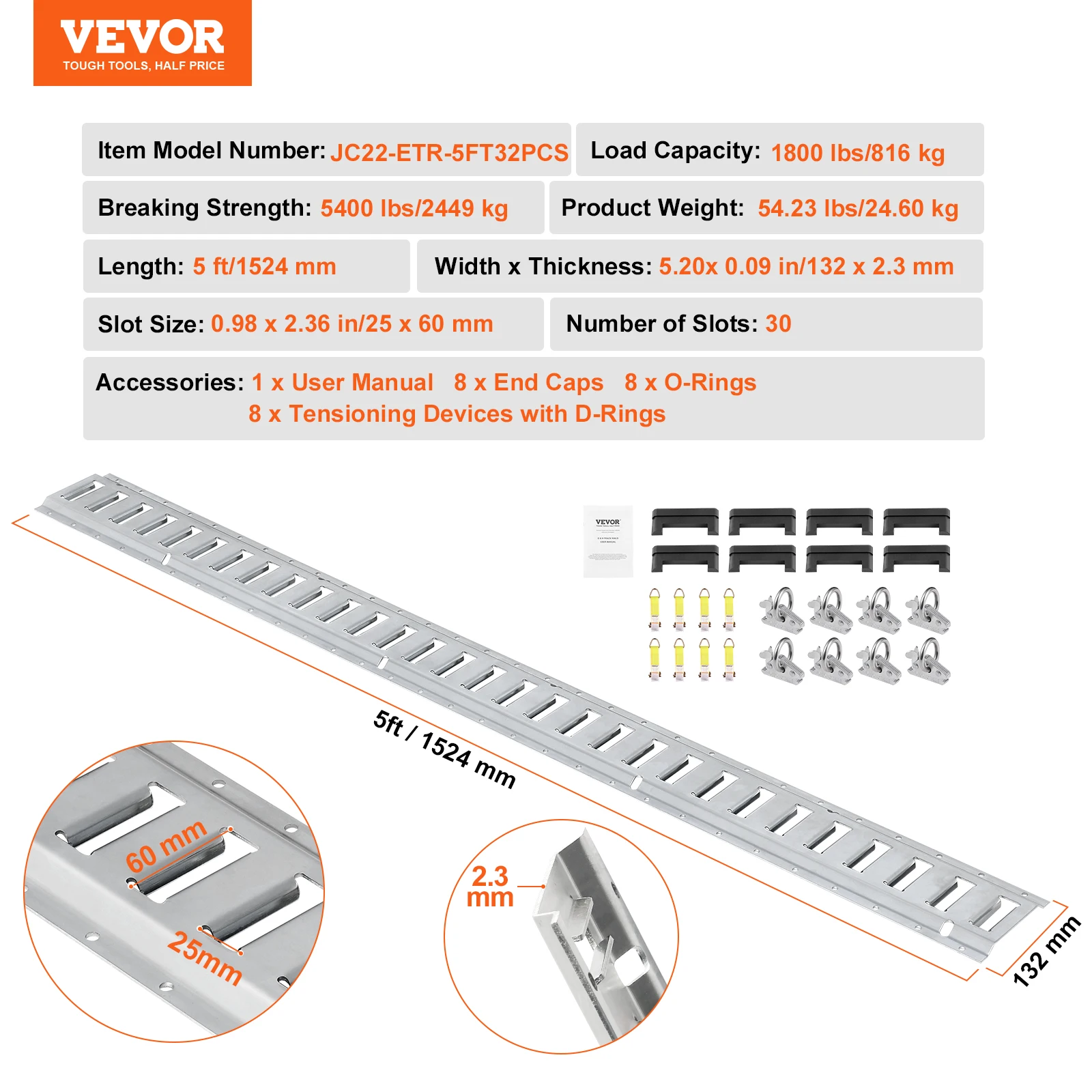 SucceBuy Universele E-Track Tie-Down Rail Kit W/8 Stalen Rails 2 Enkele Slots 8 O-Ringen Tie-Offs Trailer Auto Beveiligen Accessoires