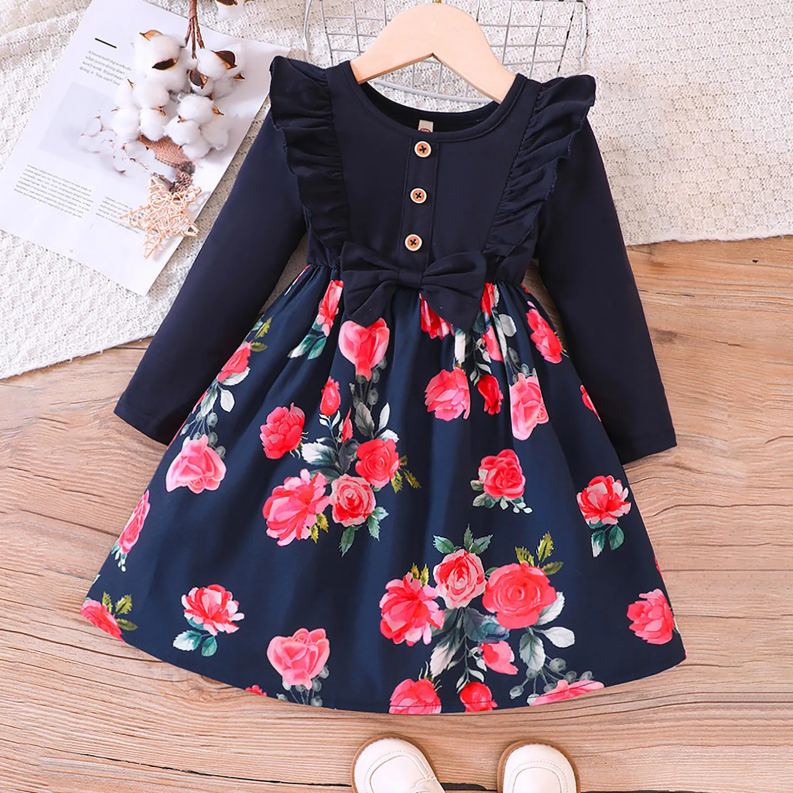 Long Sleeve Floral Dress For Toddler Girls Autumn Ruffles Bowknot Flowers Print Princess Dress Children Party A-Line Grown Dress