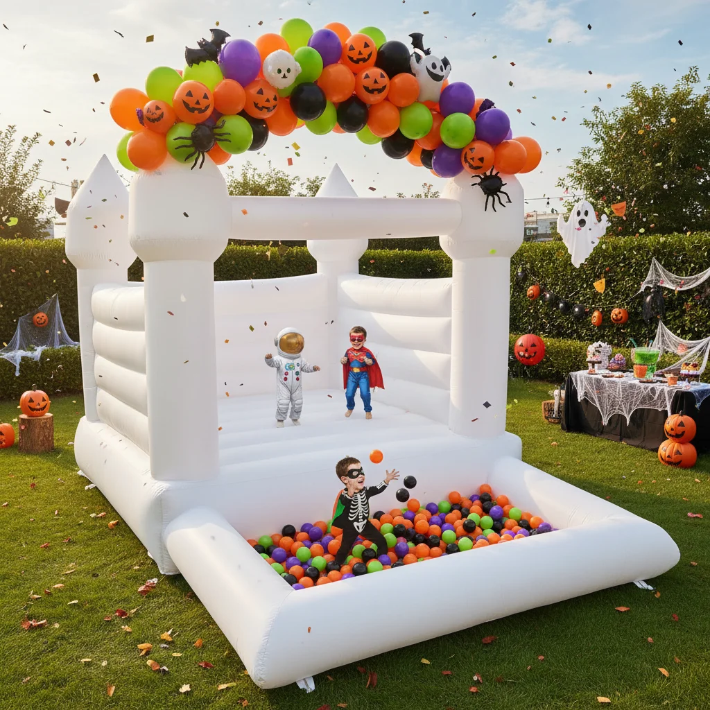 Casa inflável branca do salto da festa das crianças de 10x8ft com corrediça e personalização do poço da bola castelo inflável de Oxford incluem ventilador
