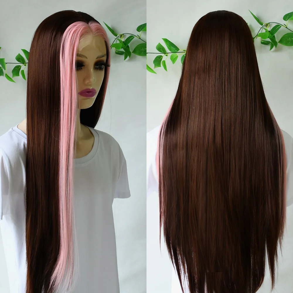 البني تسليط الضوء على الوردي 13x4 العظام مستقيم الدانتيل الجبهة الباروكات HD قبل قطعها غلويليس مقاومة للحرارة الاصطناعية الدانتيل شعر مستعار أمامي #4