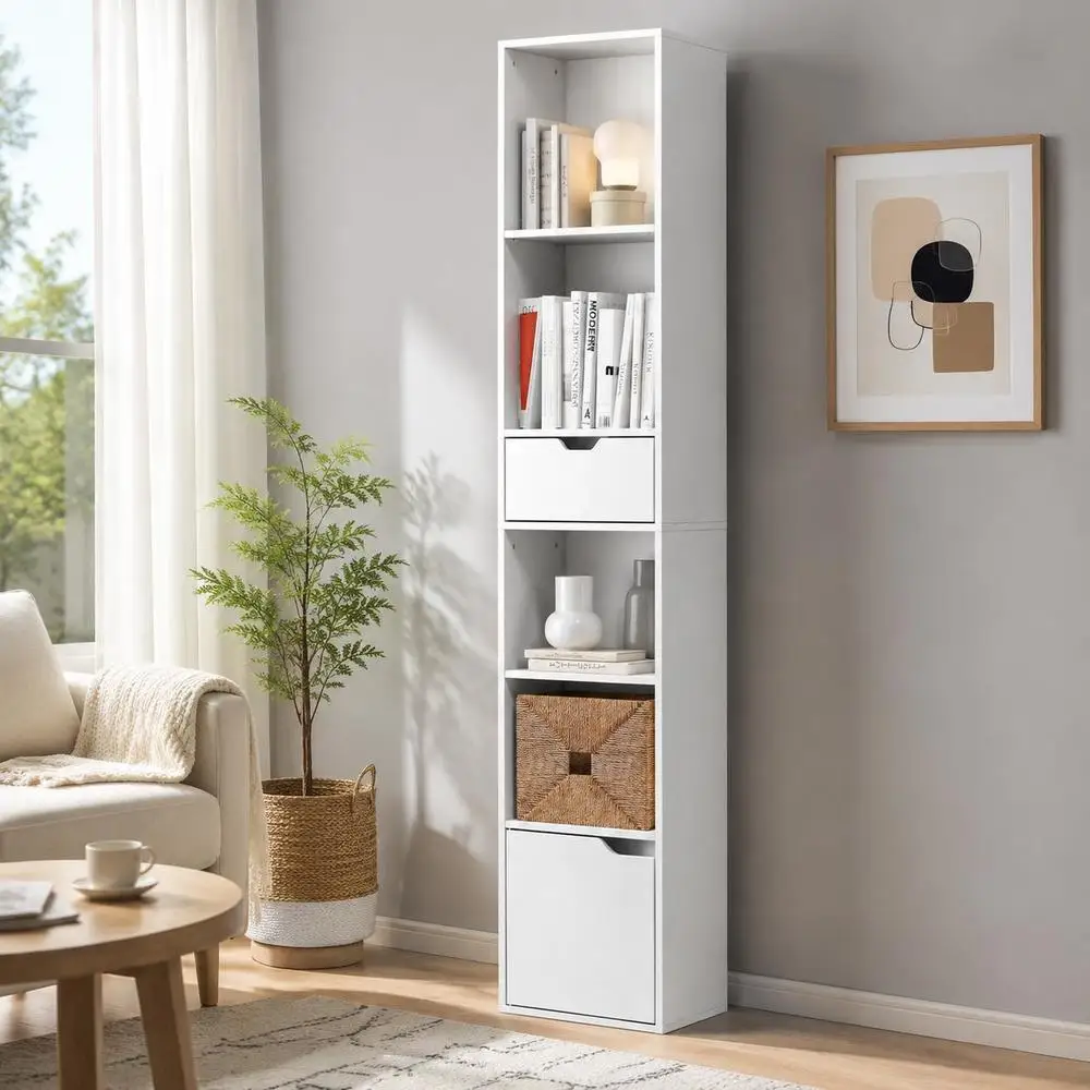 Bibliothèque, Étagère à Livres, Meuble de Rangement avec Tiroir et Compartiments Ouverts, 30 x 24 x 158 cm, Blanc. Cadre stable pour livres, plantes, boîtes de rangement et fournitures de bureau, pour une utilisation à long terme.