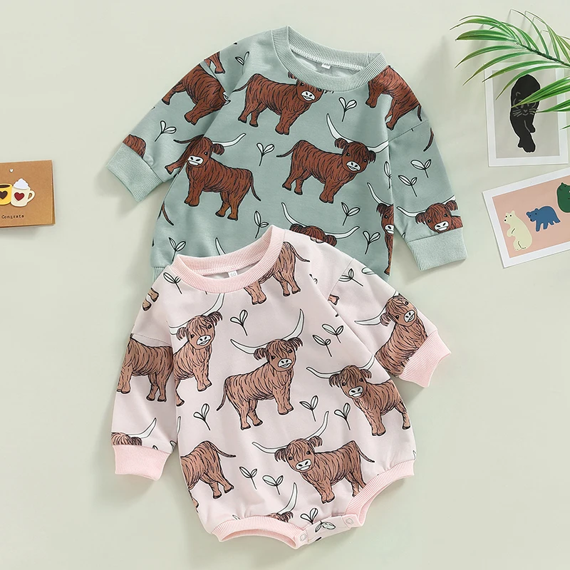 

2022-11-22 Lioraitiin 0-18M Baby Boy Bodysuit Long Sleeve Round Neck Cartoon Bull Print Casual Spring Fall Baby Jumpsuit