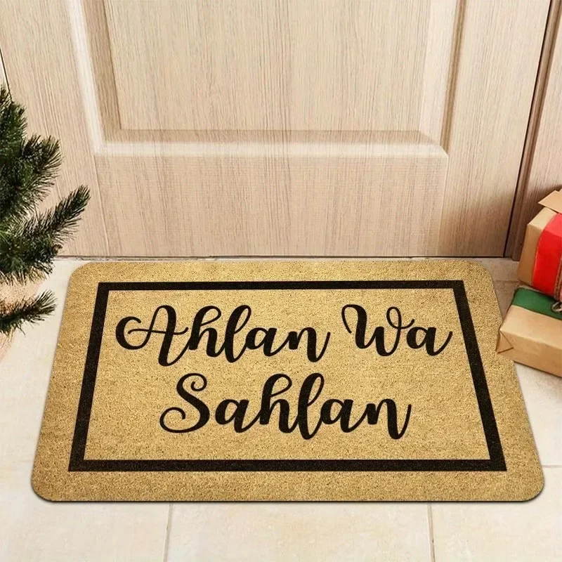 Arabic Text Welcome Mat Ahlan Wa Sahlan Floor Rug Aesthetic Handwritten Cursive Doormat Decorative Entrance Carpet