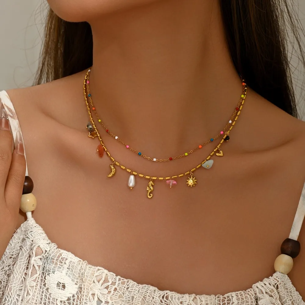 Collar Clásico de Doble Cadena con Colgante de Caballito de Mar de Acero Inoxidable Estilo Oceánico con Piedra Natural para Mujer