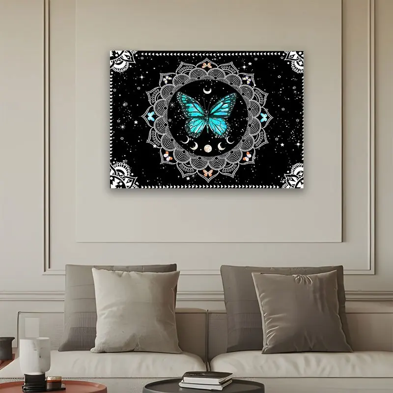 Blue Butterfly Mandala & Starry Moon Tapestry Wall Hanging - Bohemian Decor Suitable for, Bedroom,, Studio - Horizontal Wall wit