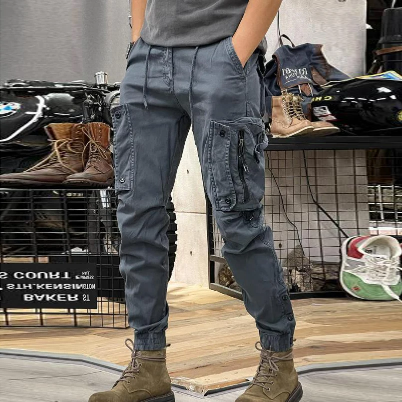 KIDWHXR Herren Cargo-Hose Taktische Arbeitshose Outdoor-Sport Freizeithose Einfarbige Hose mit Kordelzug und Taschen – Detail 3