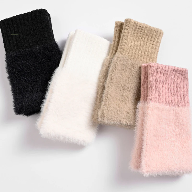 Thickened Female Wool Warm Knitted Gloves Simple Open Finger Autumn Winter Half Finger Gloves Students