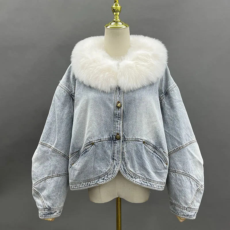 Winter Warm Women's Denim White Goose Down Jackets Natrual Real Fox Fur Collar Lady Korean Fashion Luxury Female Coats Outwear