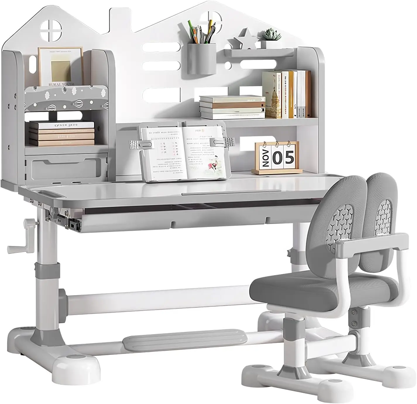 

Kids Desk and Chair Set Height Adjustable Ergonomic Study Desk with Easy Turn Crank 50 Tiltable Desktop Storage Drawer Built