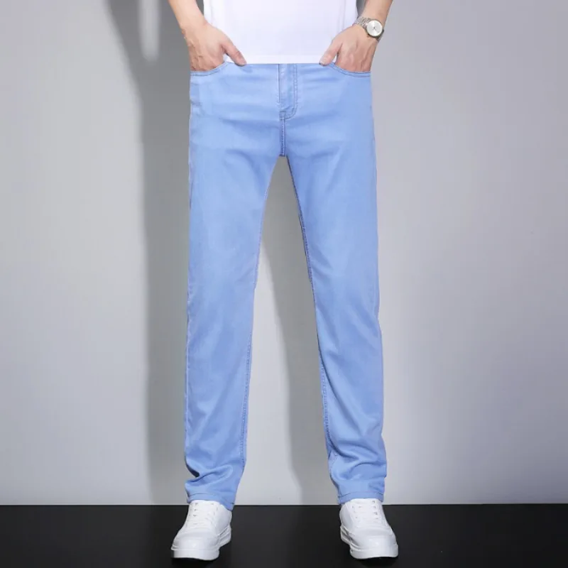 Men's Jeans Summer Cooling Stretch Lyocell Straight Leg Lightweight Breathable Comfort Fashionable New Trendy Hot Sale Man Pants