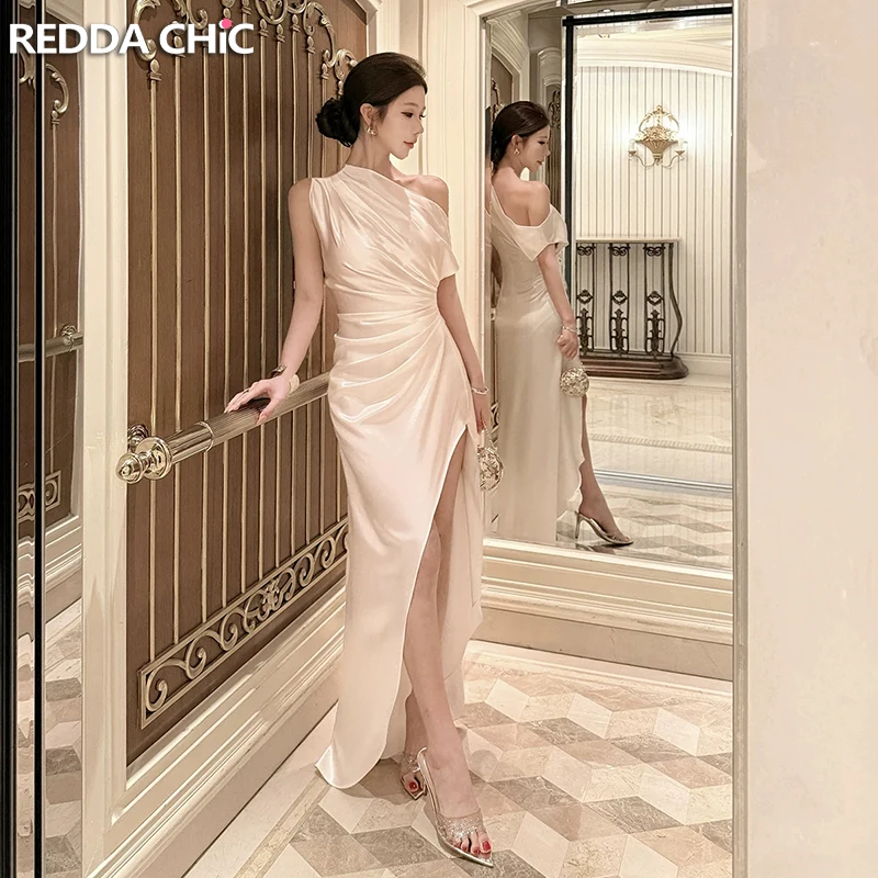 ReddaChic Satin Slant Shoulder Party Gown Pretty and Elegant Glossy Pleat Slim Fit Maxi White Dress Evening Summer Women Clothes
