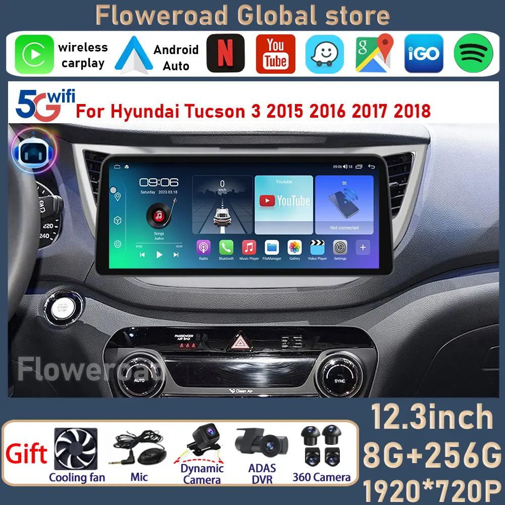 12.3 Inch For Hyundai Tucson IX35 2014 - 2018 Android Auto Screen Car Radio Multimedia Player GPS Navigation Built-in Carplay