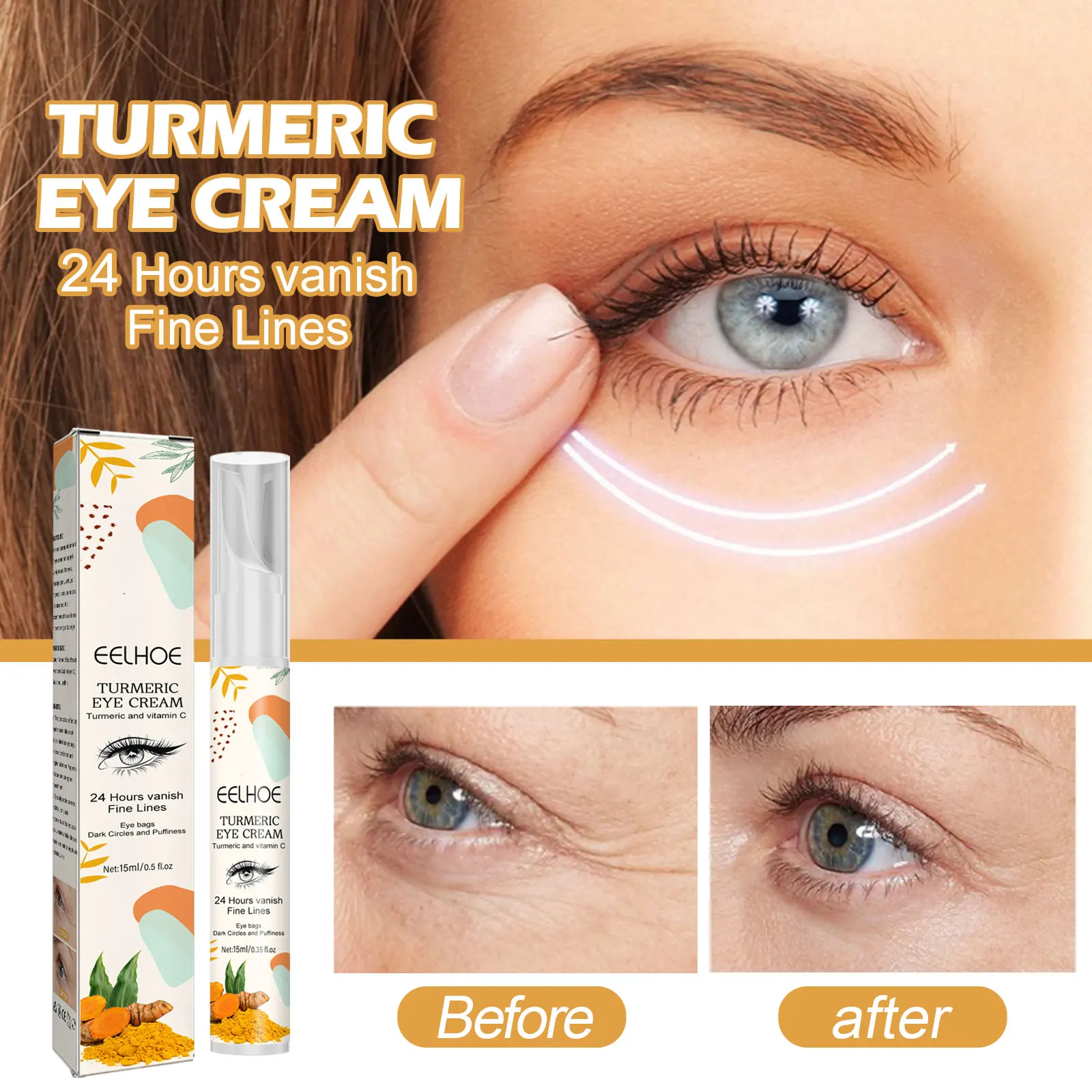 Eelhoe Turmeric Eye Cream Fade Eye Corner Fine Lines and Dark Circles Dark Circle Removal Anti-Wrinkle Brightening Skin Makeup