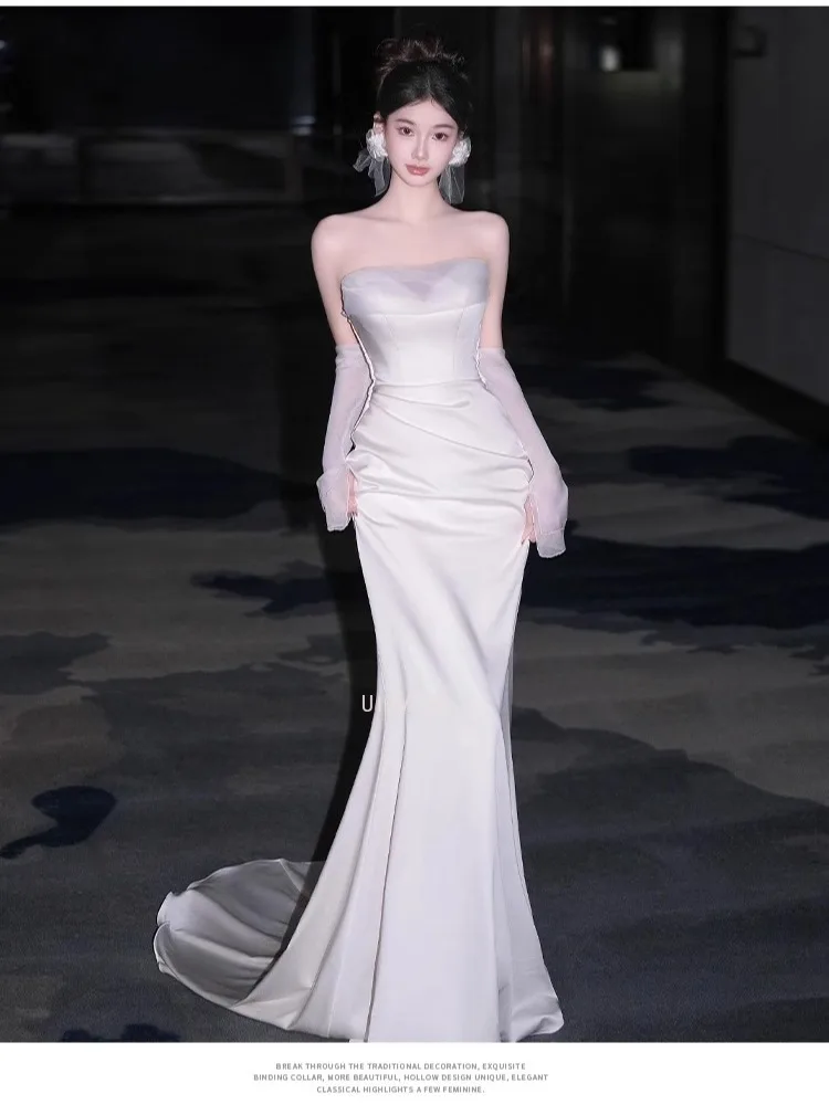 فساتين زفاف طويلة حورية البحر من الساتان للنساء بدون حمالات بطول الأرض فستان زفاف خفيف فاخر فساتين حفلات الزفاف حسب الطلب