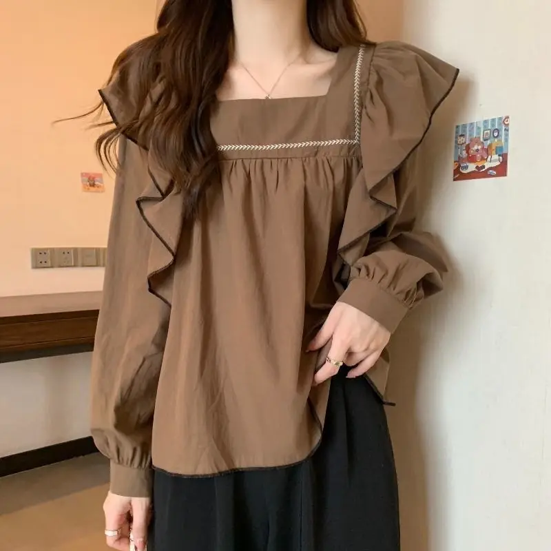 

Spring Autumn Vintage Ruffles Blouse Elegant Square Collar Women's Clothing Casual Solid Color Basic Korean Spliced Loose Shirt