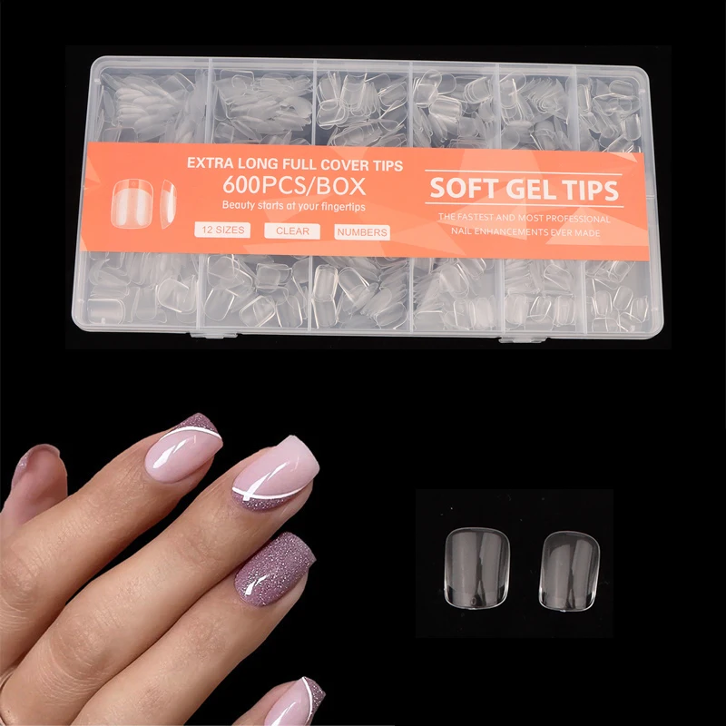 600PCS/Box Soft Gel Nail Tips Supplies,Full Cover False Nail Tips For Acrylic Nails Gel,Almond Nail Tip