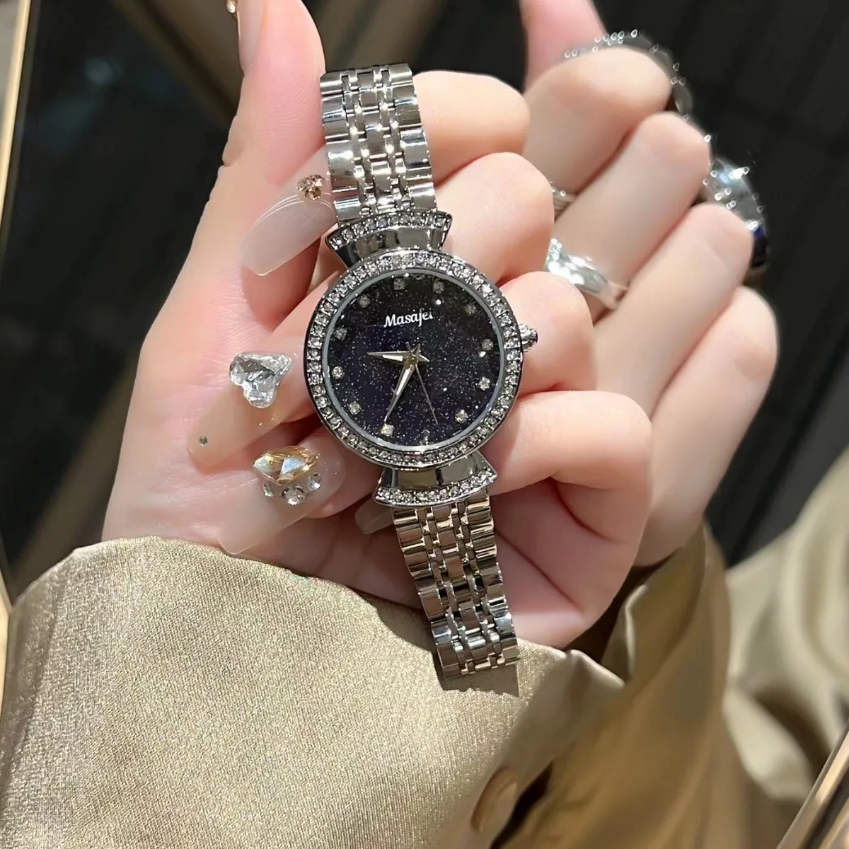 KAIRIS Women's Luxury Rhinestone Watch Stainless Steel Bracelet Starry Sky Dial Elegant Fashion Quartz Wristwatch