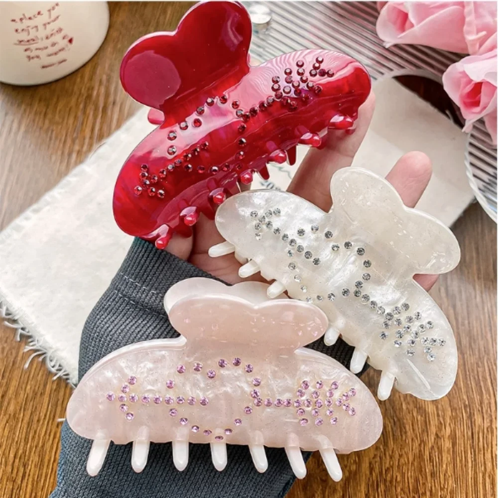 DuoShang Valentine's Day Rhinestone Love Acrylic Hair Claw Light Luxury Claw Clip Crab Hair Clip for Women Girl Hair Accessories