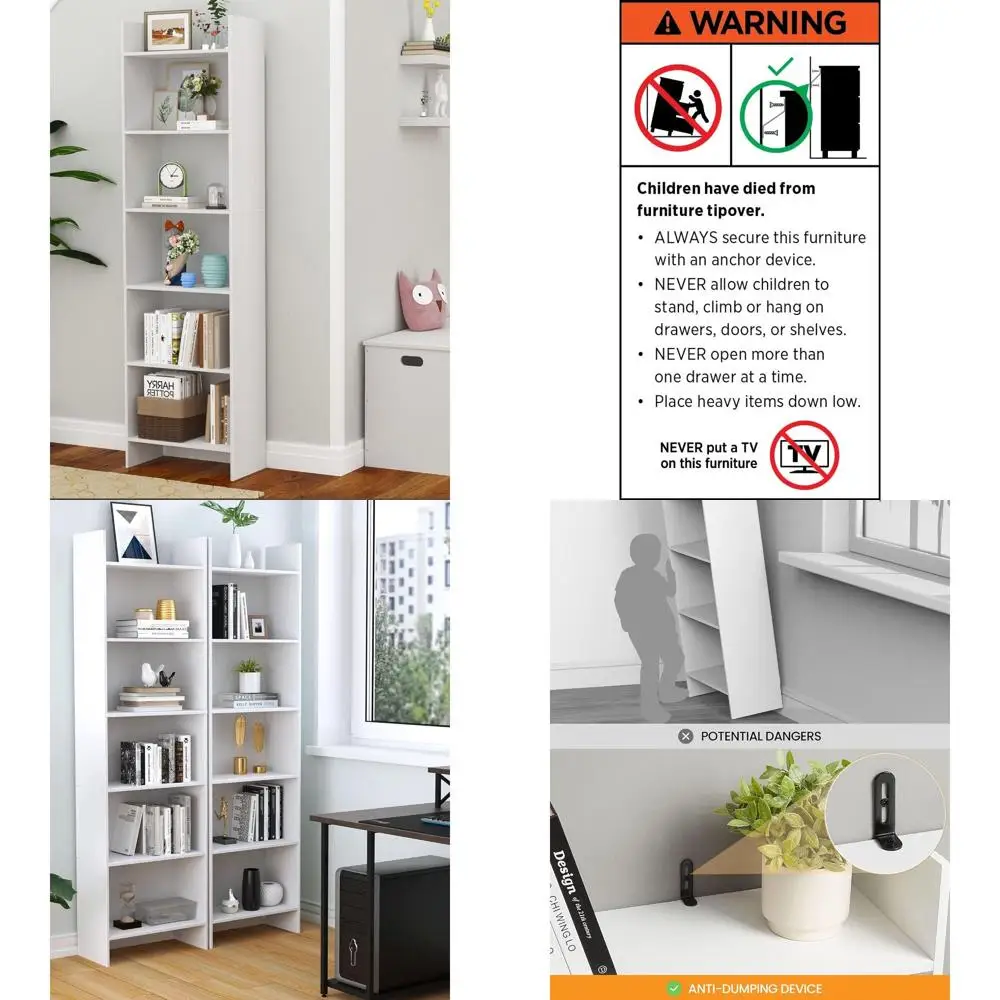 6-Tier Floor Standing Bookcase, 66.9 Tall, Corner Display Storage Shelf, White Home Decor Furniture for Office, Living Room, Bed