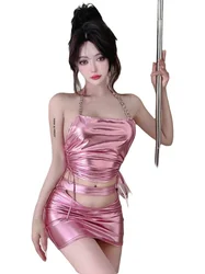 Summer Women's Sexy 2026 Spicy Girl Chain Hanging Neck Hollow Out Fashion Waist Retraction Wrap Buttocks Short Skirt Set Z9SQ