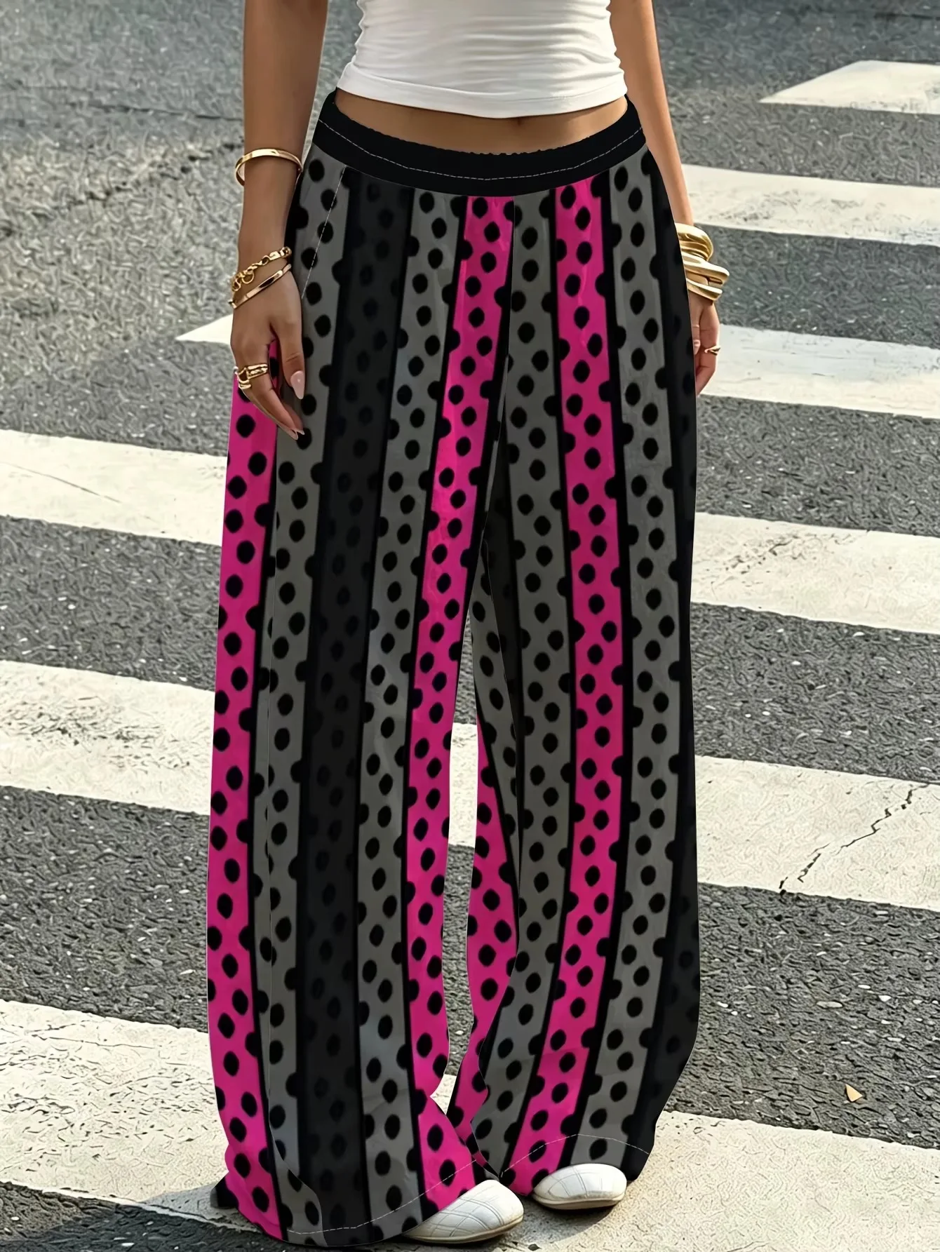 New Y2K Vibrant Pink Black Dot Stripe Straight Leg Trousers Unisex Vintage Street Style Pants for Party Night Daily Outfit