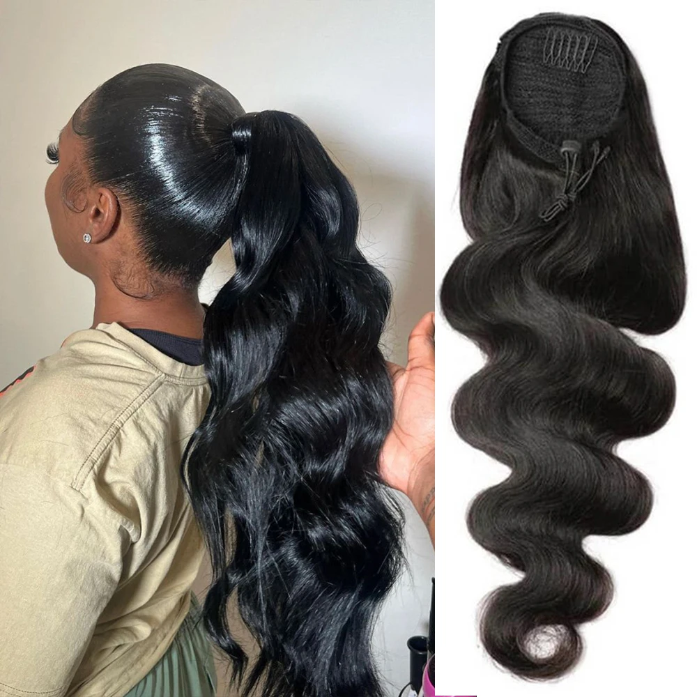Natural Black Brazilian Body Wave Drawstring Ponytail Clip-In Extensions 100% Real Human Hair Extensions for Women