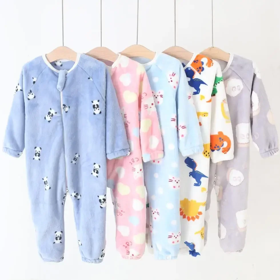 1 to 5 Years Winter Flannel Childrens Pajamas Sleeping Bags Rompers for Boys and Girls One-piece Suits for Home Wear