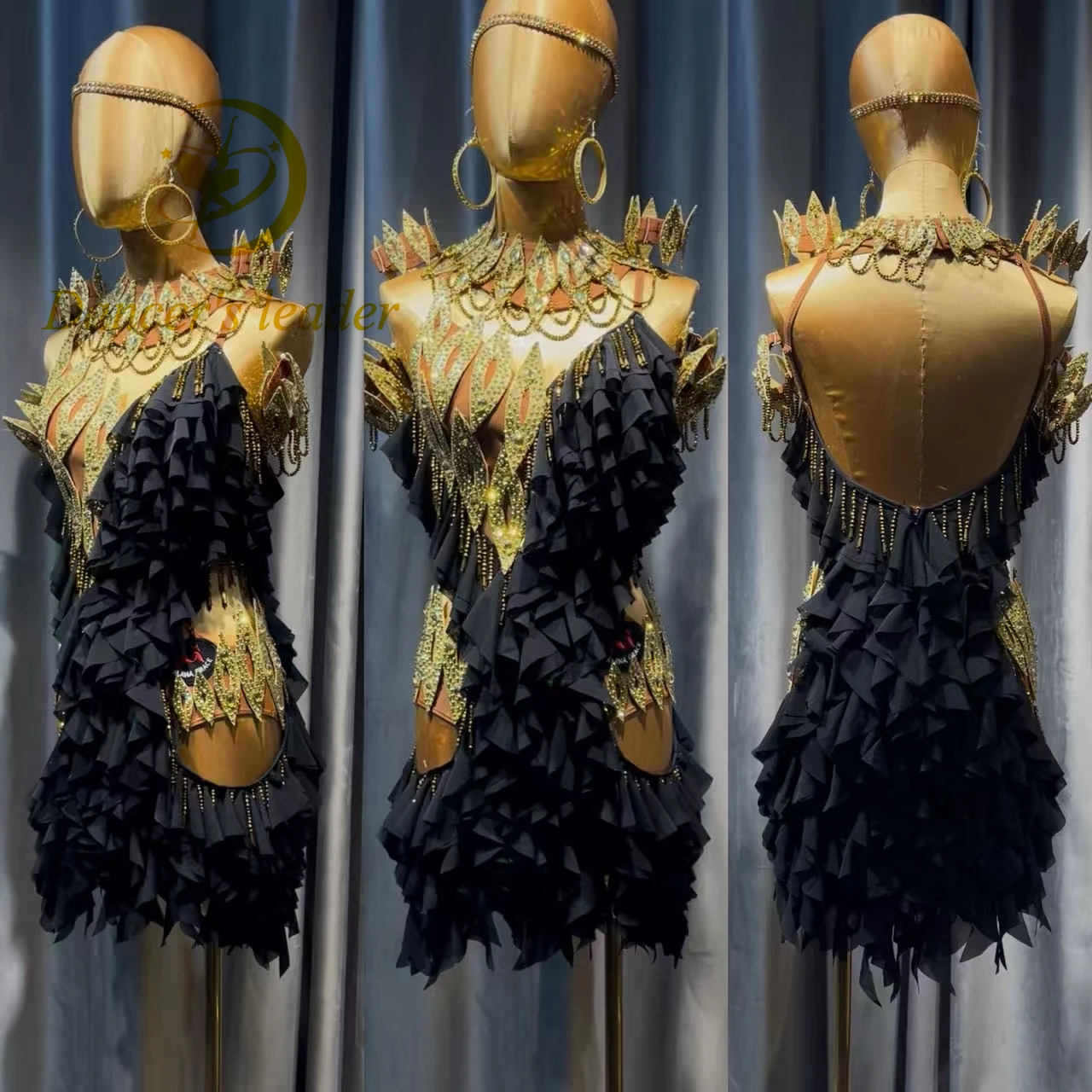 

Latin Dance AB Stone Female Adult Children High-End Customized One-Piece Lotus Leaf Edge Black Pool Samba Performance Dress