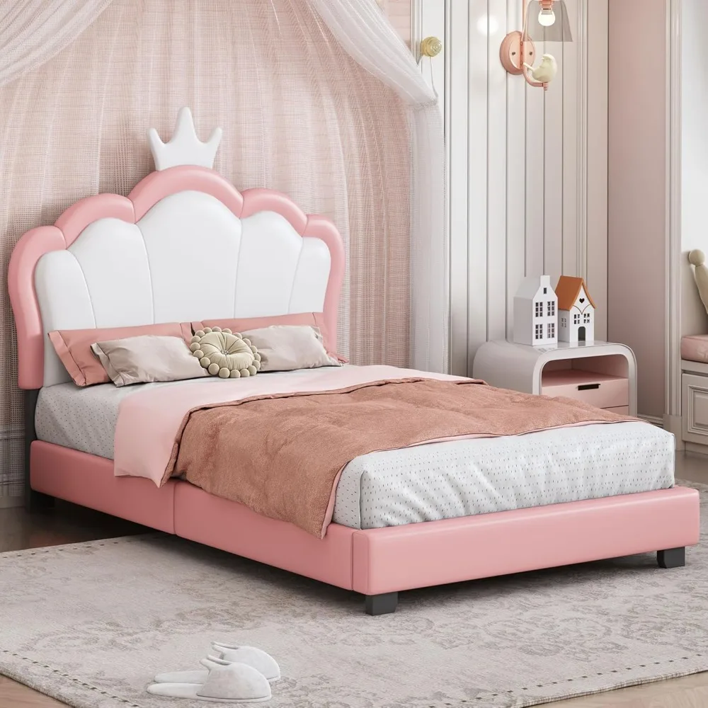 Twin Size Princess Bed Frame with Crown Shaped Headboard for Kids,Upholstered Platform Bed with Slats Support,Twin Girls Bed